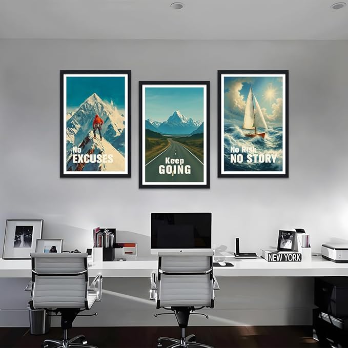 Set of 3 inspirational Wall Art - No Excuses, Keep Going & No Risk No Story Motivational Wall Decor, Mountain, Road, Sailboat with Positive Quotes Poster Framed Canvas Prints for Office Home,16"x24"x3
