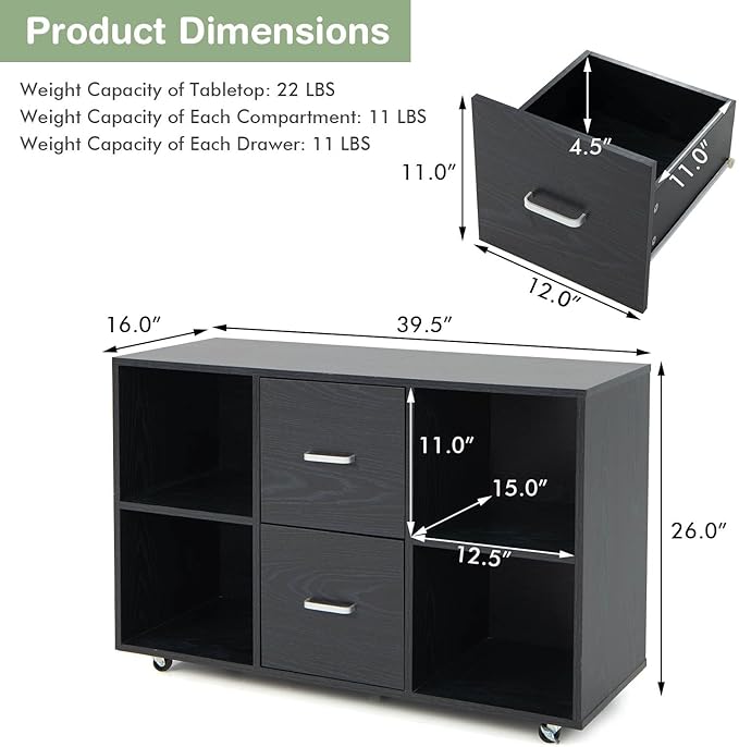 Giantex File Cabinet Office Organization - Filing Cabinet W/ 2 Drawers, 4 Open Compartments, Lateral Cabinet on 360° Swivel Lockable Wheels, Rolling Printer Scanner Stand for Home Office Storage