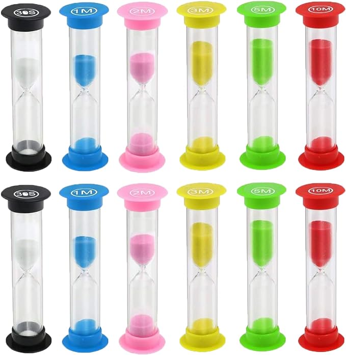 Sand Timer, KISEER 12 Pcs Colorful Hourglass Sandglass Sand Clock Timers Set 30sec / 1min / 2mins / 3mins / 5mins / 10mins for Brushing Children's Teeth, Cooking, Game, School, Office