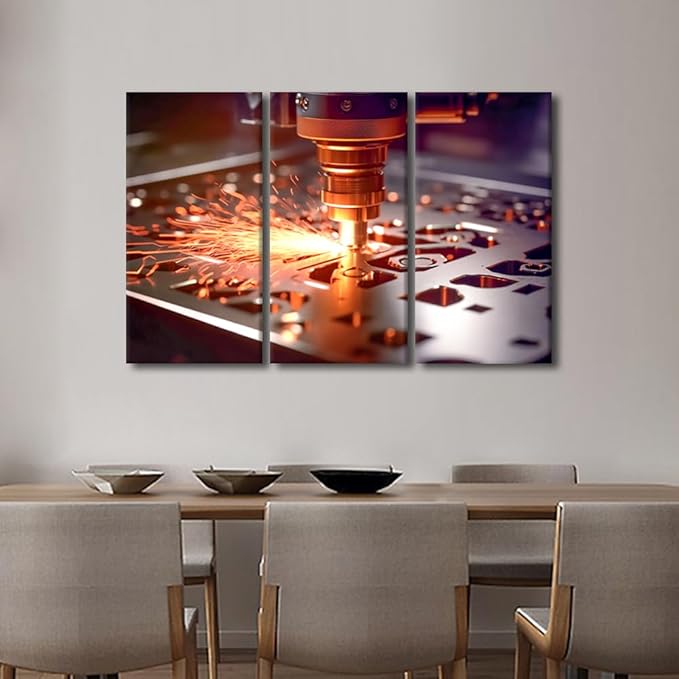 TUMOVO CNC Milling Machine Paintings for Wall Decorations 3 Piece Canvas Wall Art Machine Picture Art Prints Canvas Art Wall Decor Modern Artwork for Home Walls with Wooden Frame, 42x28 Inch