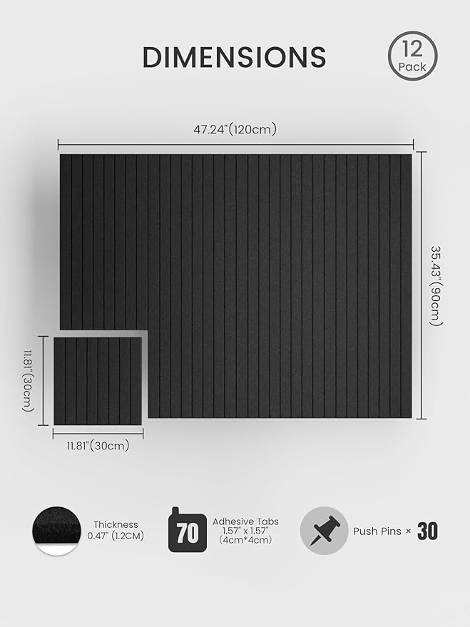 Bumusty Large Cork Board Alternative-48 x 36" Felt Bulletin Board Tiles, with 30 Pushpins, 70 Adhesive Tabs, 12-Pack Slat Wall Paneling, Cork Boards for Office Push Pin Board Felt Board-Black