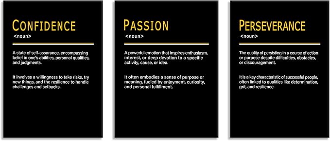 WYJDFART Inspirational Quotes Canvas Poster PASSION CONFIDENCE PERSEVERANCE Noun Pursue Goals Motivational Wall Art for Office Home Bedroom Workplace Framed Ready to Hang [60''Wx 28''H]