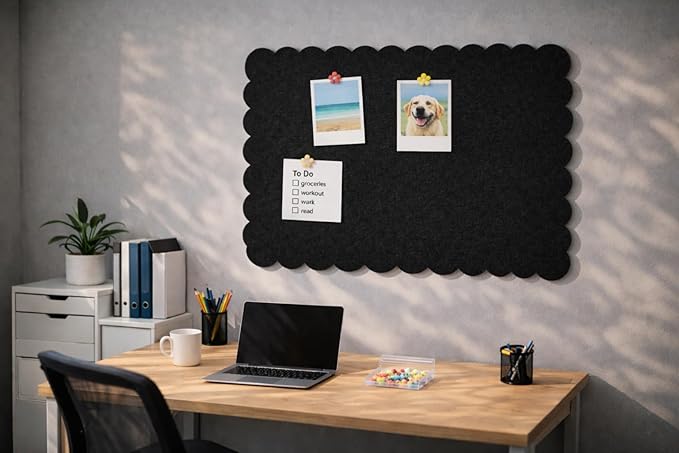 Scalloped Felt Bulletin Board 24x18 in, Thick PET Felt Pin Board, Heat-Pressed Flat, Self-Adhesive Mount, Push Pin Friendly Photo/Card Display for Home, Office, Crafts, Planning, Jewelry (Black)