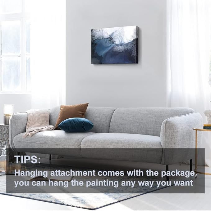 Canvas Wall Art Abstract Art Paintings Navy Blue Block and Line Graffiti is Like Running Water on White Background Modern Artwork Decor for Living Room Bedroom Kitchen 24x16in