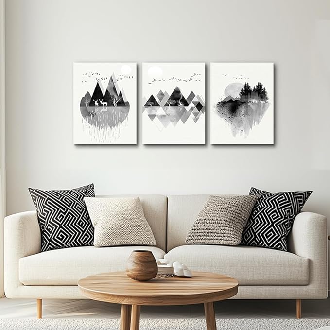 hyidecorart Canvas Wall Art For Living Room Wall Decor For Bedroom Office Decoration Black And White Abstract Wall Painting Geometry Mountain Prints Wall Pictures Artworks Room Home Decor 3 Piece