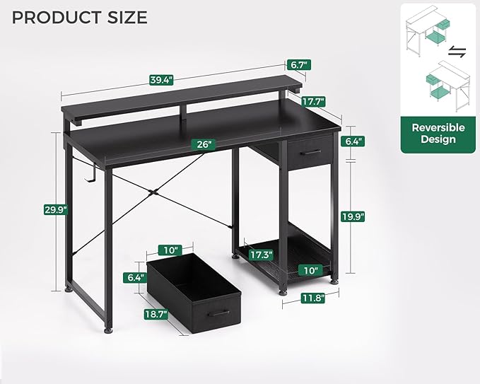 AODK Gaming Desk with LED Lights, 40 Inch Computer Desk with Drawers, Reversible Small Desk with Monitor Stand & Headphone Hook for Home Bedroom, Black