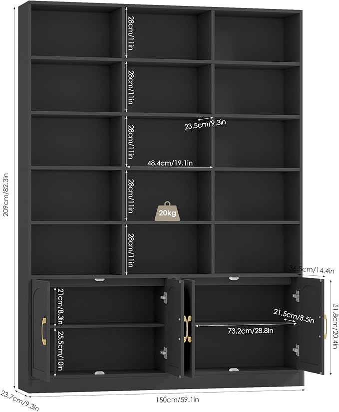 FACBOTALL 82.3" Triple Wide Bookshelf, 7-Tier Tall Bookcase with 15-Cube Open Bookshelf & 4 Doors, Large Bookshelf with Storage Cabinet, Modern Bookshelf for Living Room, Office, Study Room, Black