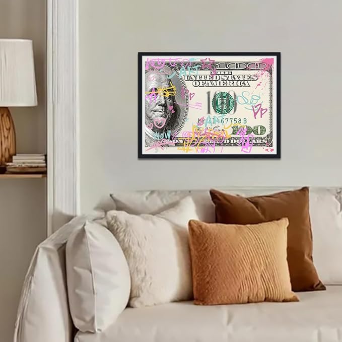 Dollar Canvas Wall Art Pink 100 Dollars Posters and Prints Motivational Wall Decor Abstract Inspirational Artwork for Office Living Room Framed and Ready to Hang 12X16inch