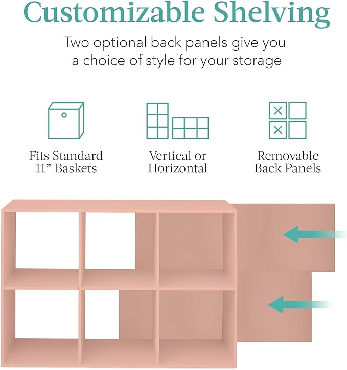 Best Choice Products Kids Bookcase 6-Cube Storage Organizer, 11in Shelf Opening, Bookshelf, Toy Storage, Customizable w/ 3 Removable Back Panels – Light Pink