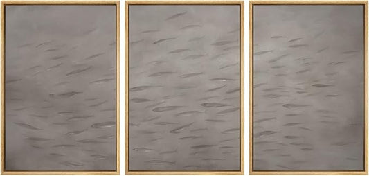 SIGNWIN Framed Canvas Print Wall Art Set Minimalist Fish Shoal Pattern Subtle Gray Underwater Illustrations Modern Art Decorative Abstract for Living Room, Bedroom, Office - 16"x24"x3 Natural