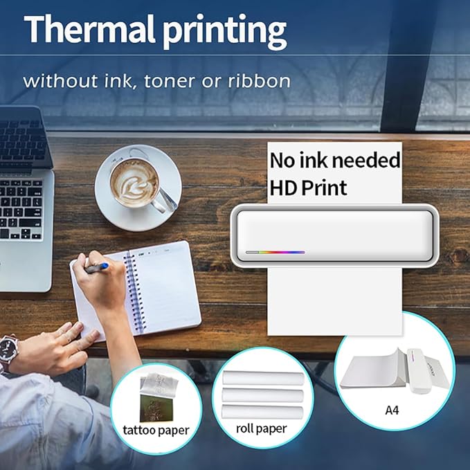 A4 Portable Paper Printer Thermal Printing Wireless BT Connect Compatible with iOS and Android Mobile Photo Printer Port 210mm Wide for Outdoor Travel Home Office Printing Sketches Reports