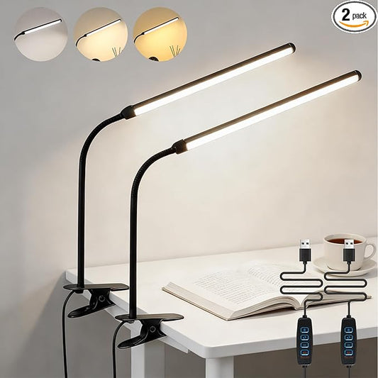 2 Pack LED Desk Lamp with Clamp,Eye-Friendly Clip on Lights for Home Office Study Reading,3 Modes 10 Brightness,Long Flexible Goose-Neck,Swing Arm Architect Task Table Lamps with USB Adapter