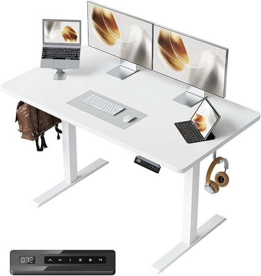 CubiCubi 40 x 24 Small One-Piece Standing Desk, Adjustable Height Electric Computer Sit Stand up Home Office Workstation, with 4 Memory Presets, Headphone Hook, White