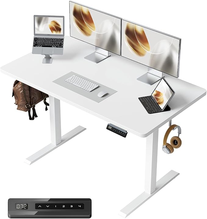 CubiCubi 40 x 24 Small One-Piece Standing Desk, Adjustable Height Electric Computer Home Office Sit Stand up Workstation, with 4 Memory Presets, Headphone Hook, White