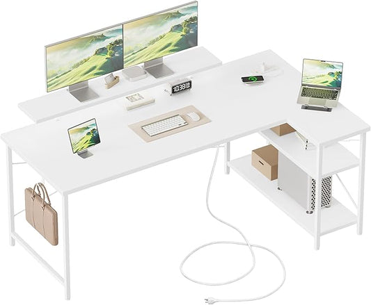 Mericonia Small L Shaped Computer Desk with Power Outlets, Reversible Gaming Desk with Storage Shelves & Monitor Stand, Corner Gamer Desk Table, Study Writing Table