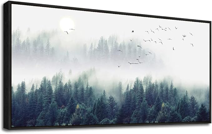 Framed Wall Decor Living Room Large Size Canvas Wall Art For Bedroom Foggy Forest Trees Landscape Painting Office Decorations Boho Home Decor Pictures Artwork Black Wood Framed 24" X 48"