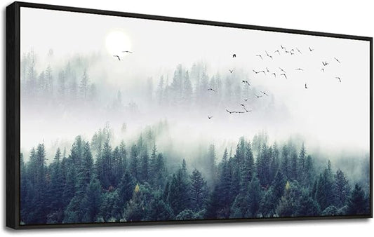 Framed Wall Decor Living Room Large Size Canvas Wall Art For Bedroom Foggy Forest Trees Landscape Painting Office Decorations Boho Home Decor Pictures Artwork Black Wood Framed 24" X 48"