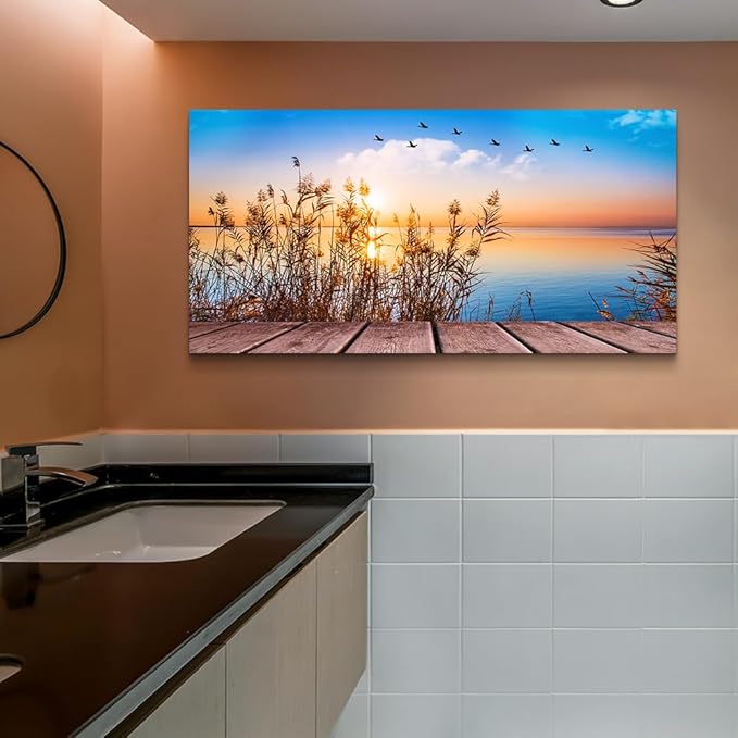 MHARTK66 Beach Wall Art Canvas Print Ocean Pictures Nature Artwork Wall Decor Seascape Painting Large Sunset Landscape Picture Modern for Living Room Bedroom Bathroom Office Home Decorations 30" x 60"