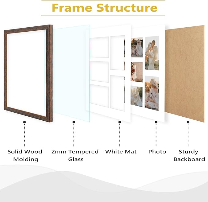 Golden State Art, 11x14 Distressed Brown Wood Frame with White Mat - Displays Five 4x6 Photos - Real Glass, Sawtooth Hangers, Swivel Tabs - Wall Mounting, Landscape, Portrait