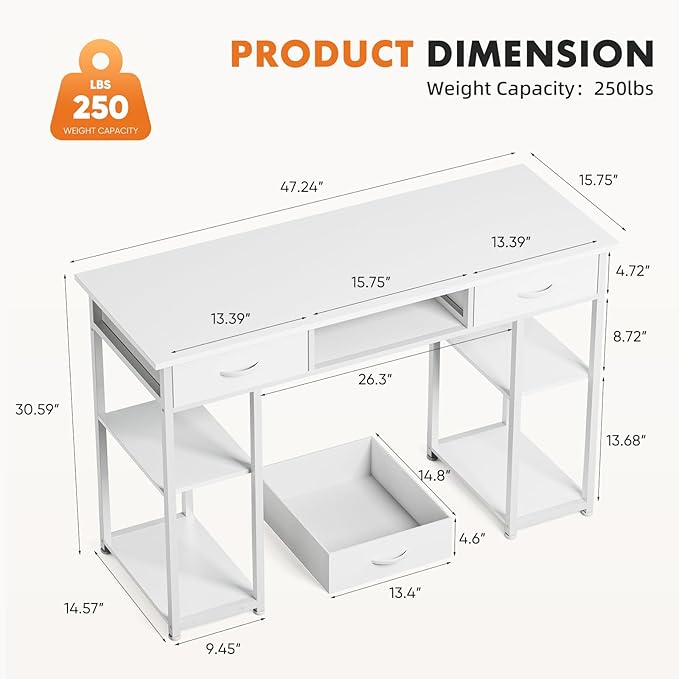 Sweetcrispy Desk with 3 Fabric Drawers, Computer Office 48 Inch Gaming Writing Study 4 Storage Shelves Table for Home Office Bedroom PC Desk, White
