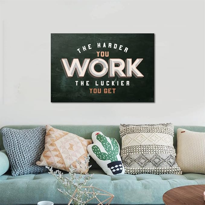 The Harder You Work The Luckier You Get - Inspirational Office Quotes Canvas Wall Art Black and White Positive Affirmations Wall Decor Artwork for Walls HD Print Framed Ready to Hang-36 Wx24 H