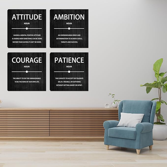 4 Panel Inspirational Canvas Wall Art, Motivational Office Wall Decor, Ambition Attitude Patience Courage Painting Posters Prints for Living Room Bedroom Home Office, 12x12-inch