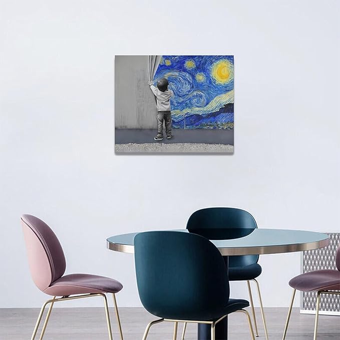 Banksy Wall Art Boys Starry Night Street Graffiti Pictures Wall Decor Kids Canvas Painting Pop Home Modern Artwork Decorations Framed for Living Room Bedroom Bathroom Office 20 x 16 inch