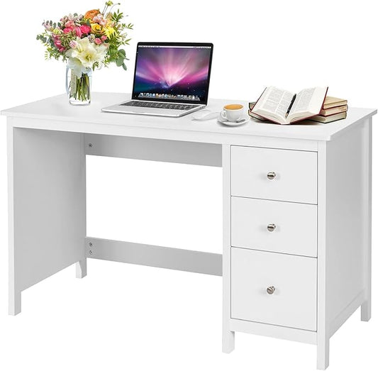 GOFLAME 3-Drawer Computer Desk, Study Desk with Spacious Desktop, Modern Writing Desk, Compact Laptop Desk, Multipurpose Workstation for Home Office, White