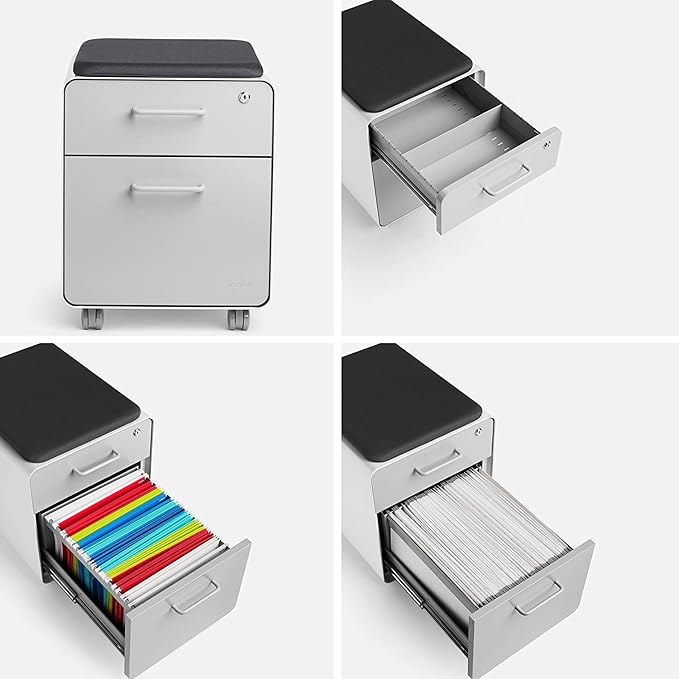 Poppin Mobile Mini Sittable Stow Rolling File Cabinet - White & Light Gray w Dark Gray Seat Cushion. Two Locking Drawers & One Key Lock. Two Keys Included. One Utility Drawer & One Hanging File Drawer