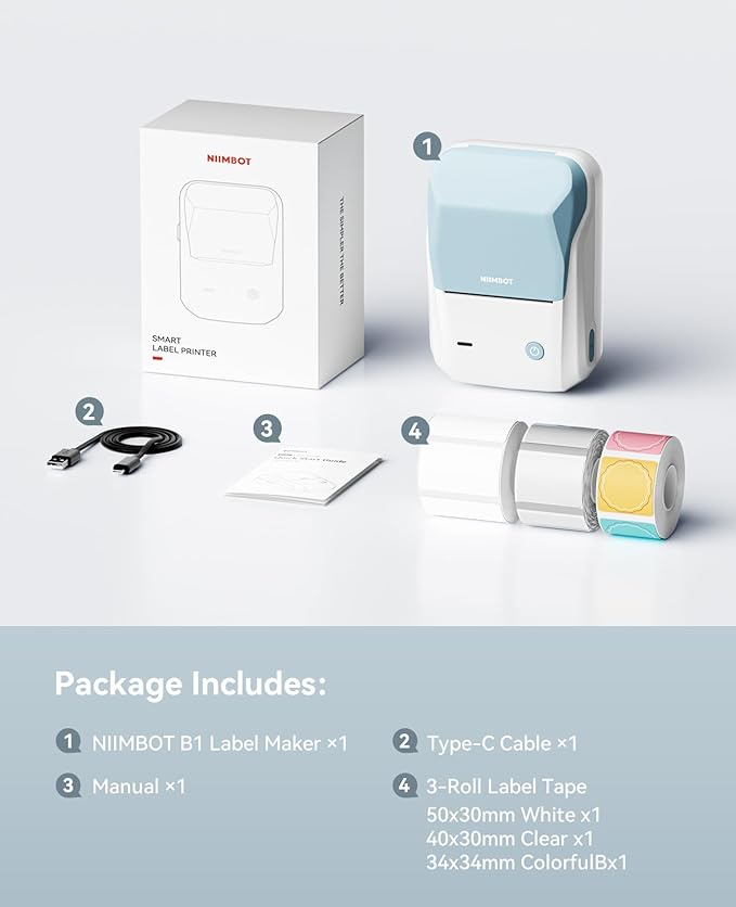 NIIMBOT B1 Label Maker Machine with 3 Tapes, 50x30mm White/40x30mm Clear/34x34mm Round, Bluetooth Thermal Label Printer for Small Business,Office,Home,School (Light Blue, 1 Printer+3 Roll Label)