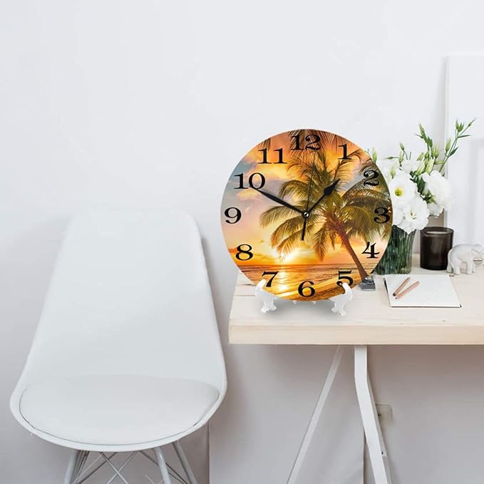 Palm Tree and Tropical Beach Wall Clock Battery Operated Silent Round Clock Sunset Over The sea Wall Decor for Home Office School, 12 Inch