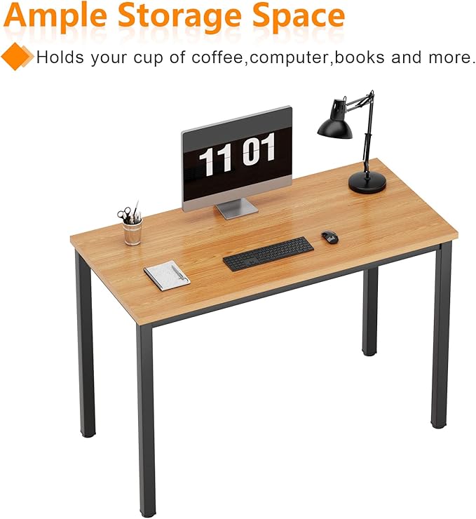Need 39 Inch Small Computer Desk, Modern Simple Style Writing Desk for Home Office, Basic PC Work Desk with Black Metal Frame, Teak