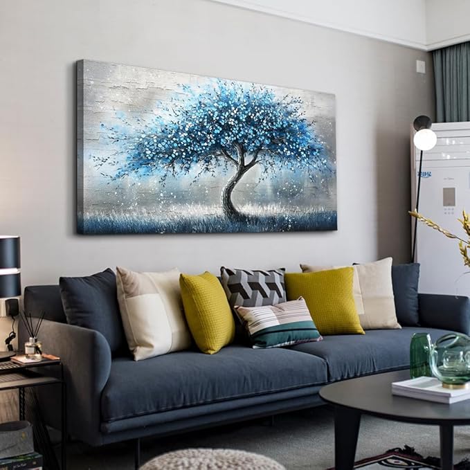 hyidecorart Large Wall Art Prints Abstract Canvas Painting Blue Tree Picture Landscape Artwork Office Decor Modern Poster Ready To Hang Framed For Living Room Bedroom Home Decorations Wall Decor
