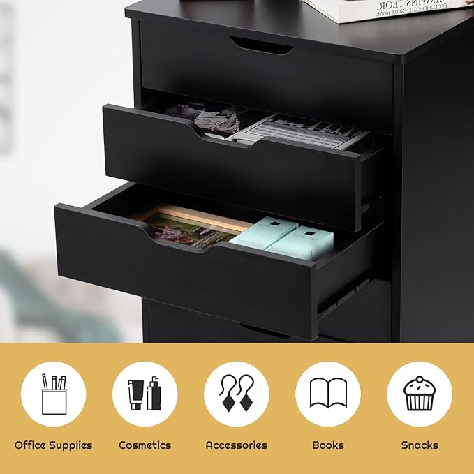 5 Drawers File Storage Cabinet, 26.5" Vertical Filling Cabinet for Home Office, Under Desk Office Drawer Organizer, Universal & Lockable Casters, Rolling Printer Storage Rack (Black)