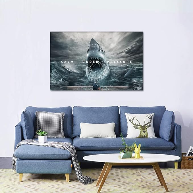 Office Inspirational Wall Art Calm Under Pressure Motivational Quotes Pictures Wall Decor Artwork Sharks and Angler Posters Print Artwork Living Room Decoration Framed Ready to Hang - 28" Hx44 W