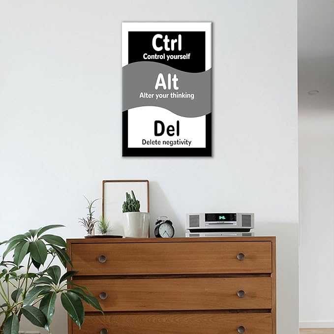 Ctrl Alt Del Inspirational Canvas Wall Art Motivational Home Decor Entrepreneur Quotes Picture Poster Modern Inspiring Artwork for Modern Home Bedroom Bathroom Gym Stretched and Framed [12''Wx18''H]