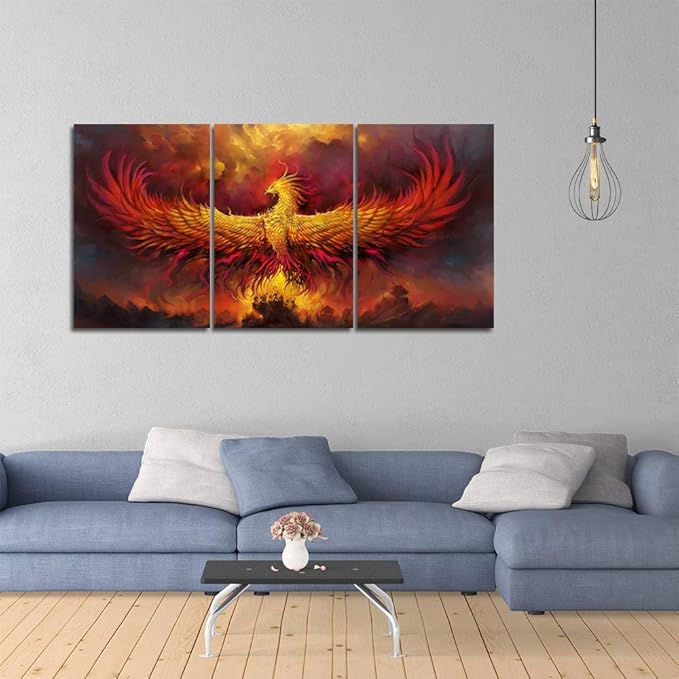 Yetaryy Fantasy Wall Art Canvas Prints Golden Red Burning Phoenix Volcanic Ancient Mystic Animal Birds Living Room Bedroom Home Decor Wall Decoration 3 Panels Wood Framed Poster - 72" W x 36" H