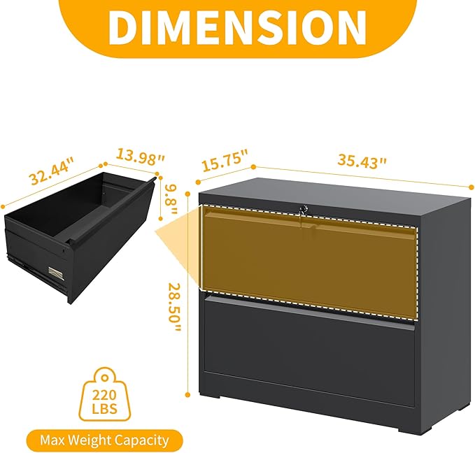 File Cabinet with Lock, 2 Drawer Lateral Filing Cabinet for Home Office, Metal Heavy Duty File Cabinets for Hanging Letter/Legal/F4/A4 Size Files, Assembly Required (Black)