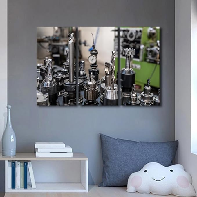 TUMOVO Wall Art for Living Room CNC Machine Tools Canvas Painting Wall Art 3 Panel Machine Wall Art Canvas Artwork Wall Decor Modern Prints Wall Art Stretched and Framed Ready to Hang, 42x28 Inch