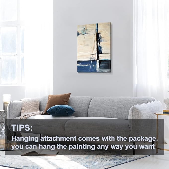 Large Abstract Canvas Wall Art Modern Geometric Art Paintings Blue Blocks and Lines Painted on Cream Background Elegantly Framed Artwork Pictures for Living Room Bedroom Wall Decor 30x20in