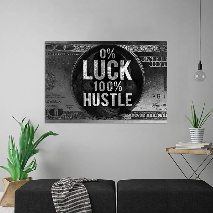 Yatsen Bridge Motivational Modern Home Decor 0% Luck 100% Hustle Canvas Wall Art Black and White Inspiring Office Artwork for Classroom Study Room Decor Farmed Easy to Hang, 44" Wx28 H