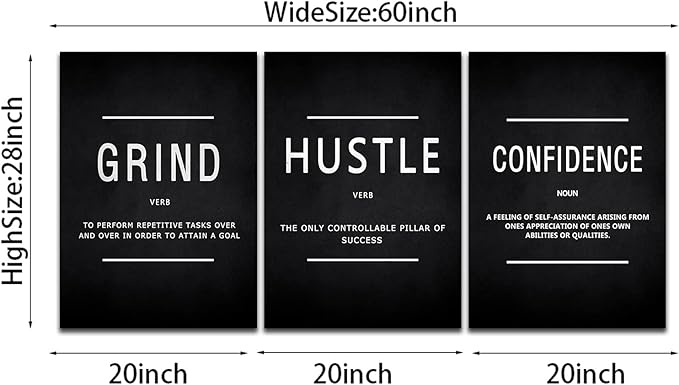 KAWAHONE Motivational Success Canvas Wall Art, Grind Hustle Confidence Wall Decor Framed Inspirational Entrepreneurs Painting Prints Quotes Poster for Office Workplace Ready to Hang
