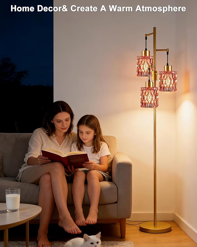 Lightdot 67" 3-Light Glass Floor Lamps for Living Room, Dimmable Floor Lamp with Rose Red Glass Shade& E12 Bulbs Included, Mid Century Standing Tall Lamp for Bedroom/Sofa Beside/Corner Decor-Gold