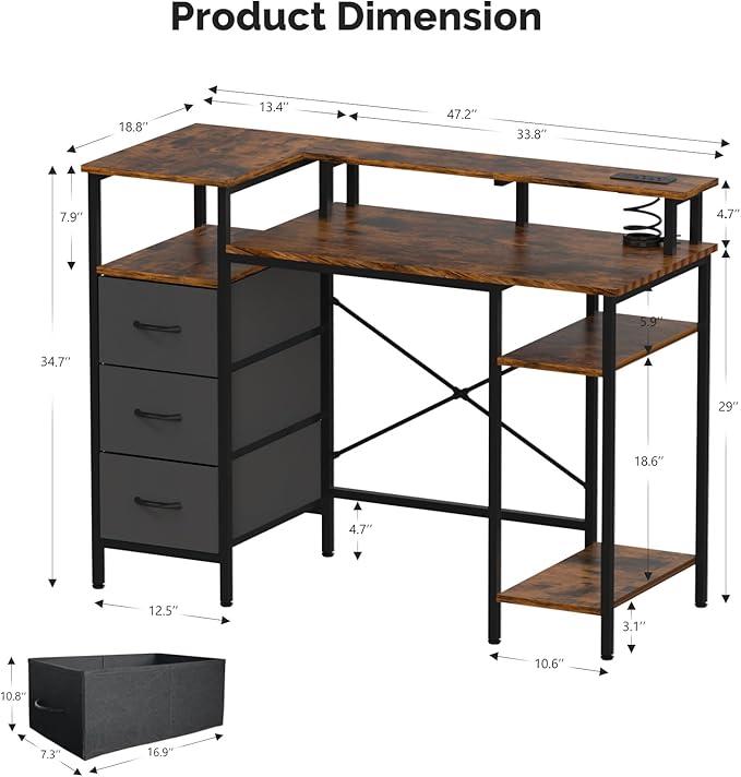 VINGLI 47 Inch L-Shaped Computer Desk, Small Computer Gaming Desk with Fabric Drawers & Storage Shelves, Charging Station, Monitor Stand for Home, Office, Brown