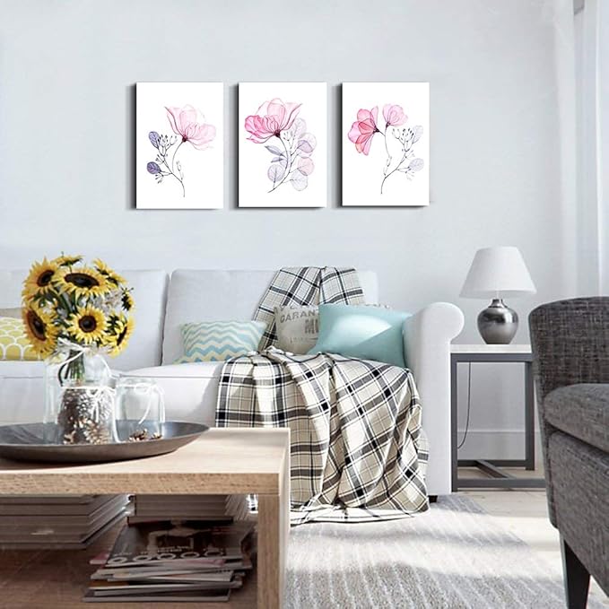 Modern pink flowers Canvas Wall Art for bedroom Living Room,Bathroom Wall Decor,3 Panels Wall Painting Home Decoration kitchen Canvas Print Abstract watercolor flowers and leaves artwork wall mural