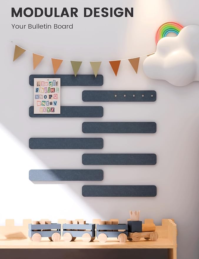 Fluxynara Cork Board Alternative Felt Strip Board 8-Pack 13"x2", Office Pin Board with 50 Push Pins, Adhesive Install for Bedroom Door & Home Office(Denim Blue)