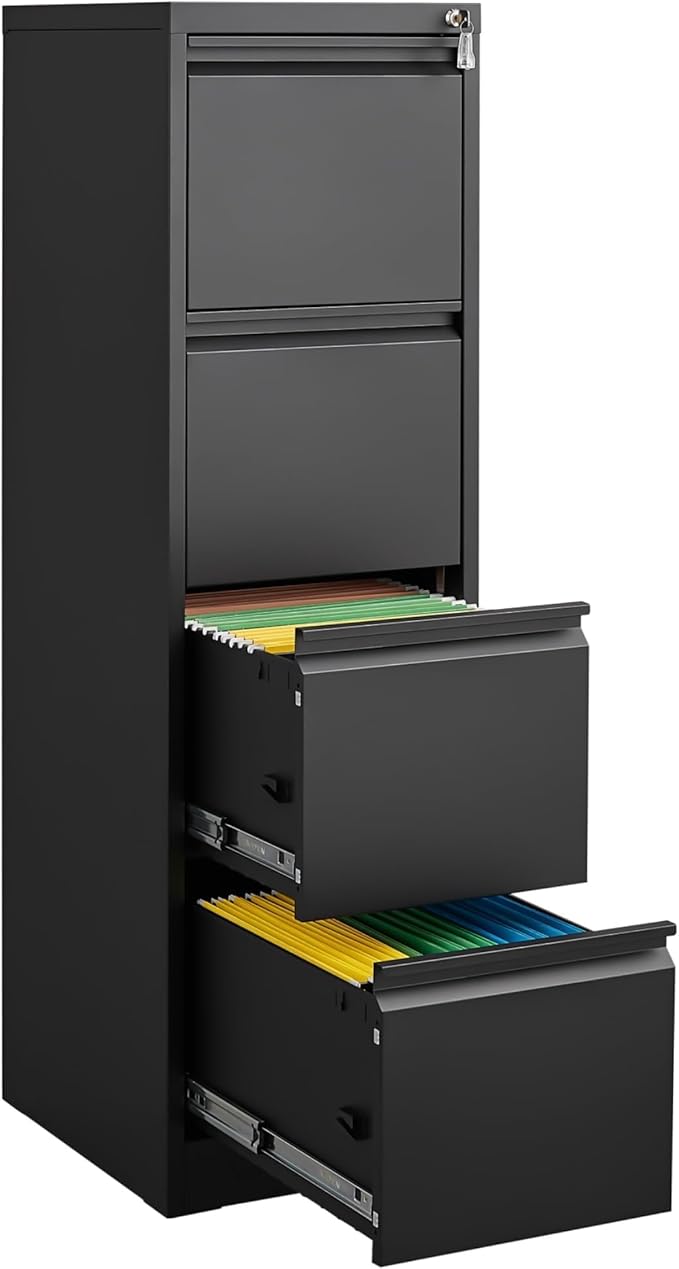 4 Drawer File Cabinet, Heavy Duty Vertical Filing Cabinets with Lock, Metal Steel Storage Cabinet for Office and Home, Assembly Required, Black