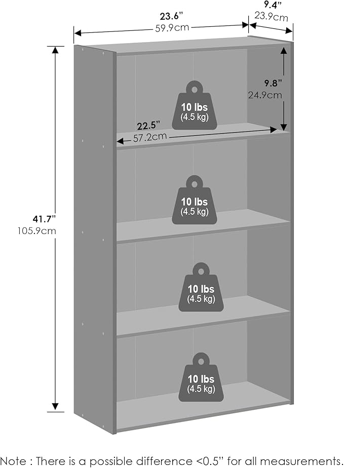Furinno Simple Book Shelf, 4-Tier Bookshelf, Bookcase with Open Shelf, 9.4 x 23.6 x 41.7, for Living Room, Bedroom, Home Office, Amber Pine