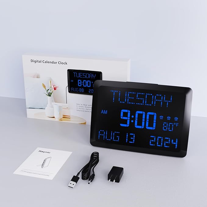 Raynic Digital Clock, 11.5" Large Display Calendar Clock with Day and Date, Indoor Temperature, Adjustable Brightness, Snooze,12/24H, DST for Home, Office, Elderly