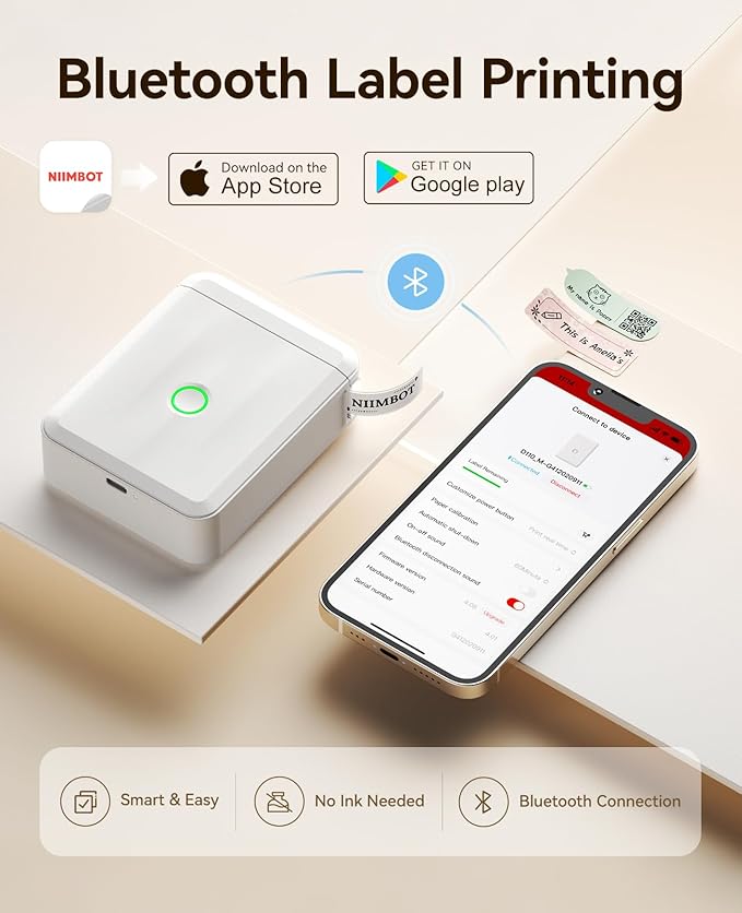 NIIMBOT Label Maker Machine Bluetooth Label Printer for School Home Office Organization, Wireless Mini Labeler D110 Upgraded Version, Label Machine with 6 Roll 12X75mm Label Tapes, White